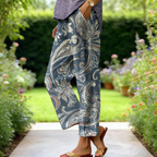 Boho Damen Weite Hose Blau-Grau: Luftige Culotte mit Paisley-Blumenprint, Bequeme Freizeithose für Urlaub & Strand S-3XL