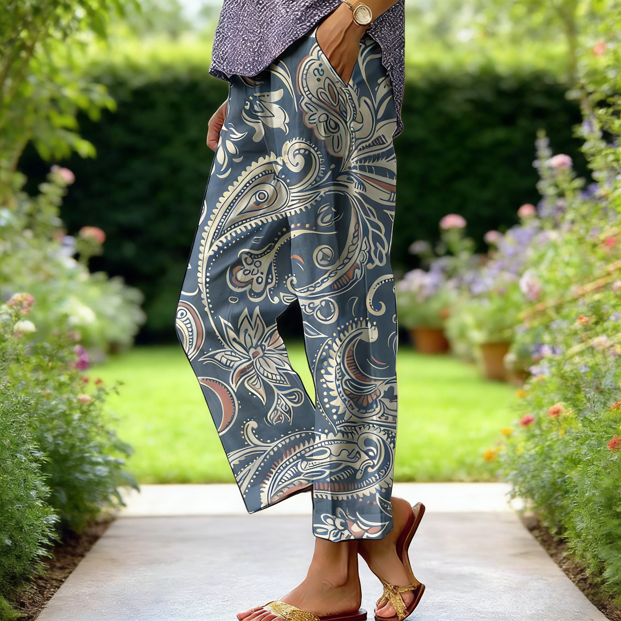 Boho Damen Weite Hose Blau-Grau: Luftige Culotte mit Paisley-Blumenprint, Bequeme Freizeithose für Urlaub & Strand S-3XL