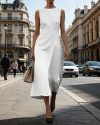 Damen Sommerkleid Weiß: Elegantes Ärmelloses Midikleid mit Rundhals & Taillenband, Stilvolles A-Linien Freizeitkleid, Luftiger Business-Look S-2XL