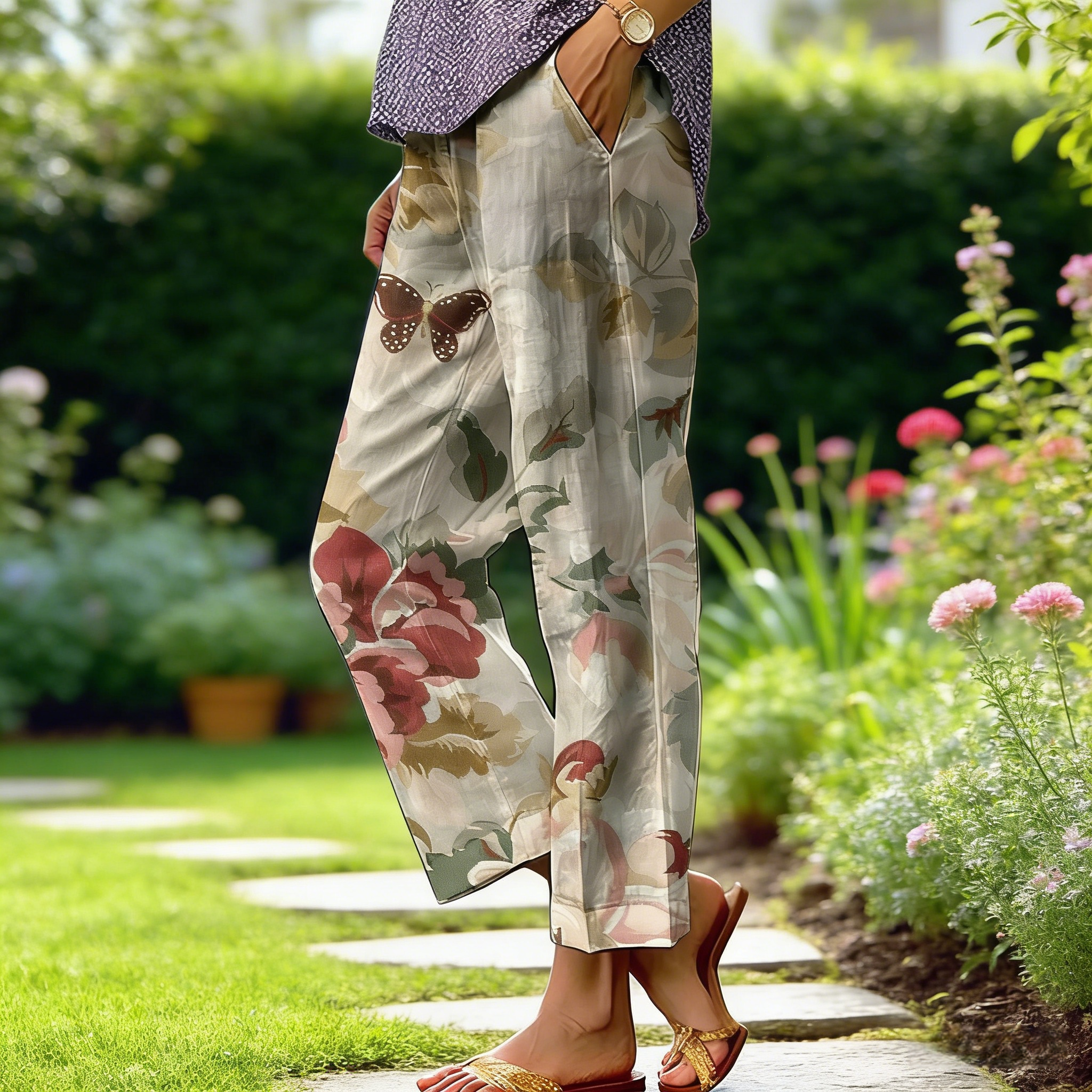 Boho Damen Weite Hose Beige: Luftige Culotte mit Vintage Rosen-Print & Schmetterling, Bequeme Freizeithose S-3XL