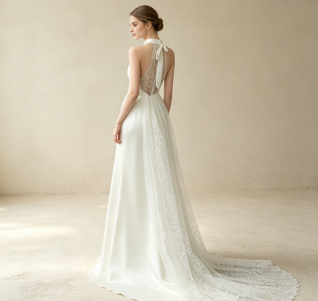 Halterneck Satin Abendkleid mit Spitze Elegant Maxi mit Schleppe Neckholder Ballkleid Ärmellos Bodenlang