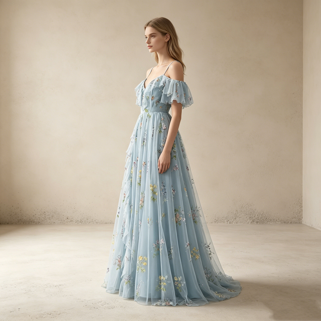Elegantes Off-Shoulder Abendkleid lang mit Rüschen | Florales Festkleid Tüll