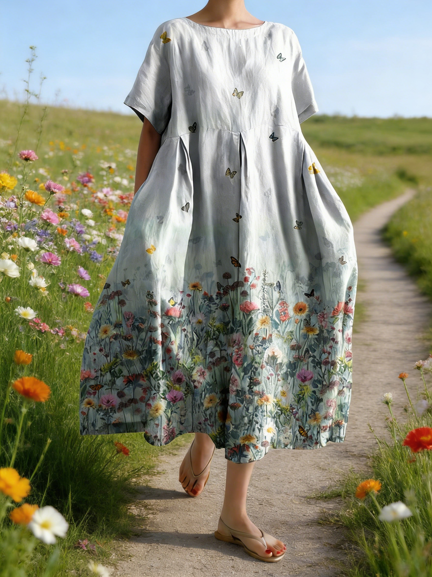 Damen Boho-Maxikleid im Japan-Stil Grau: Künstlerischer Blumen- & Schmetterlings-Print, Rundhals, Bequeme Tasche, Reine Baumwolle, Ganzjährig S-5XL