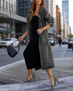 Damen Jeansmantel Waschschwarz: Eleganter langer Denim-Trenchcoat mit Knopfleiste, Vintage-Look, Klassische Übergangsjacke, Ganzjährig S-3XL