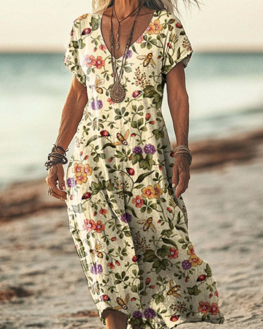 Boho Maxikleid Damen Vintage: Beige Natur-Print, V-Ausschnitt, S-3XL, Ganzjährig