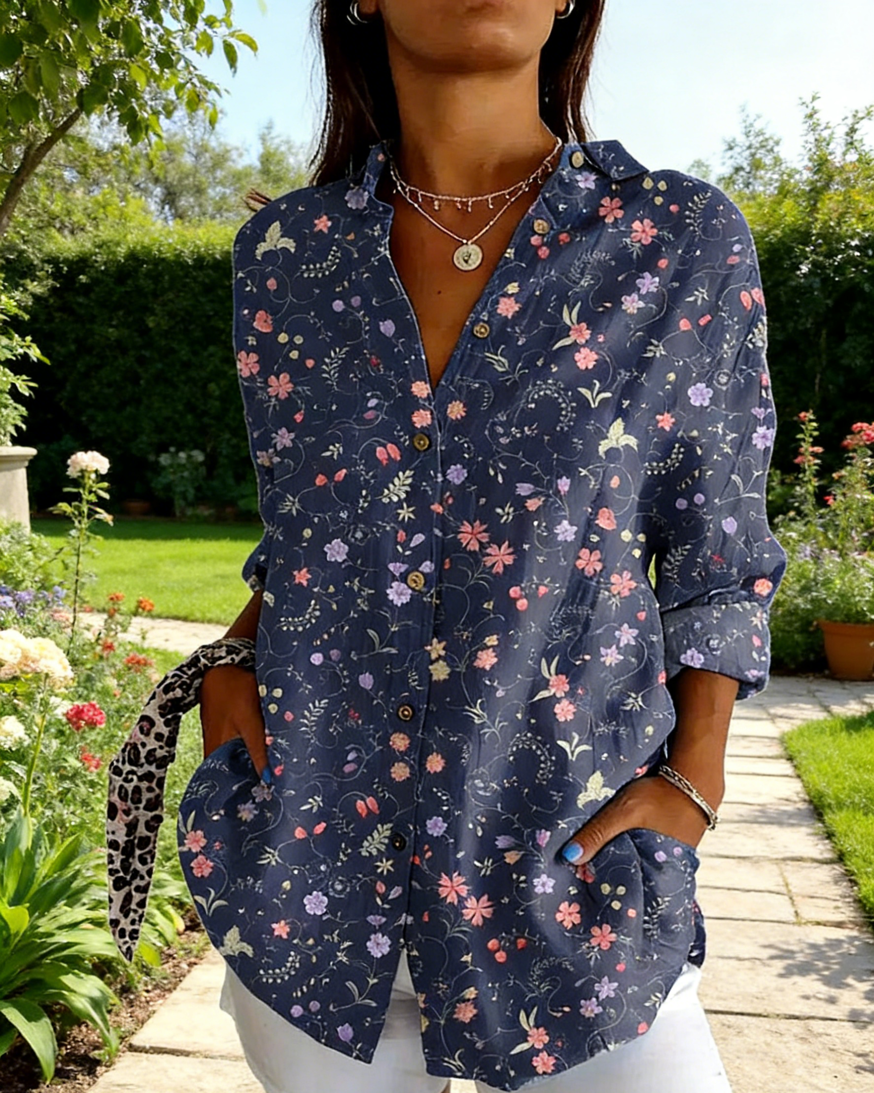 Boho Bluse Damen Dunkelblau: Vintage Floral-Print, Reverskragen, Loose Fit, S-5XL,Ganzjährig