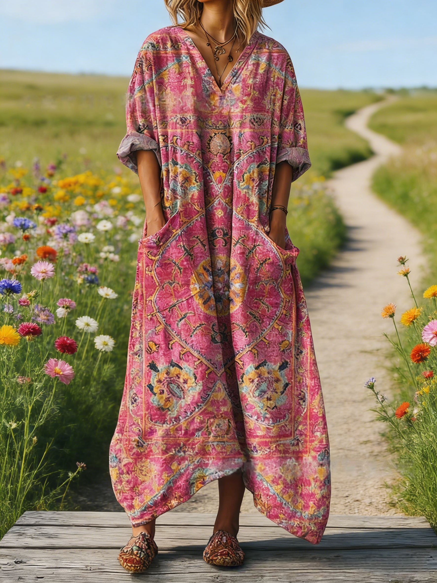 Damen Boho-Maxikleid im Vintage-Stil in Orange: Retro-Blumenmuster, V-Ausschnitt & praktische Taschen, bequeme Passform, ganzjährig S-5XL