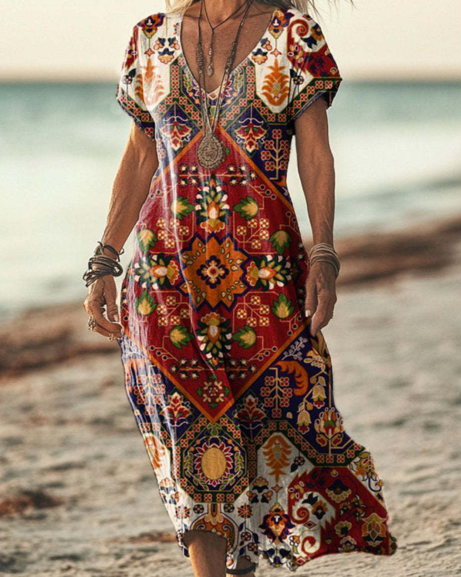 Boho Maxikleid Damen Vintage: Rot & Bunt, V-Ausschnitt, S-3XL, Ganzjährig Tragbar