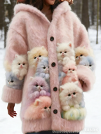 Damen Flanell Kapuzen Cardigan – Niedlicher Katzen Druck, bunte Farben weich Winter Size S-5XL