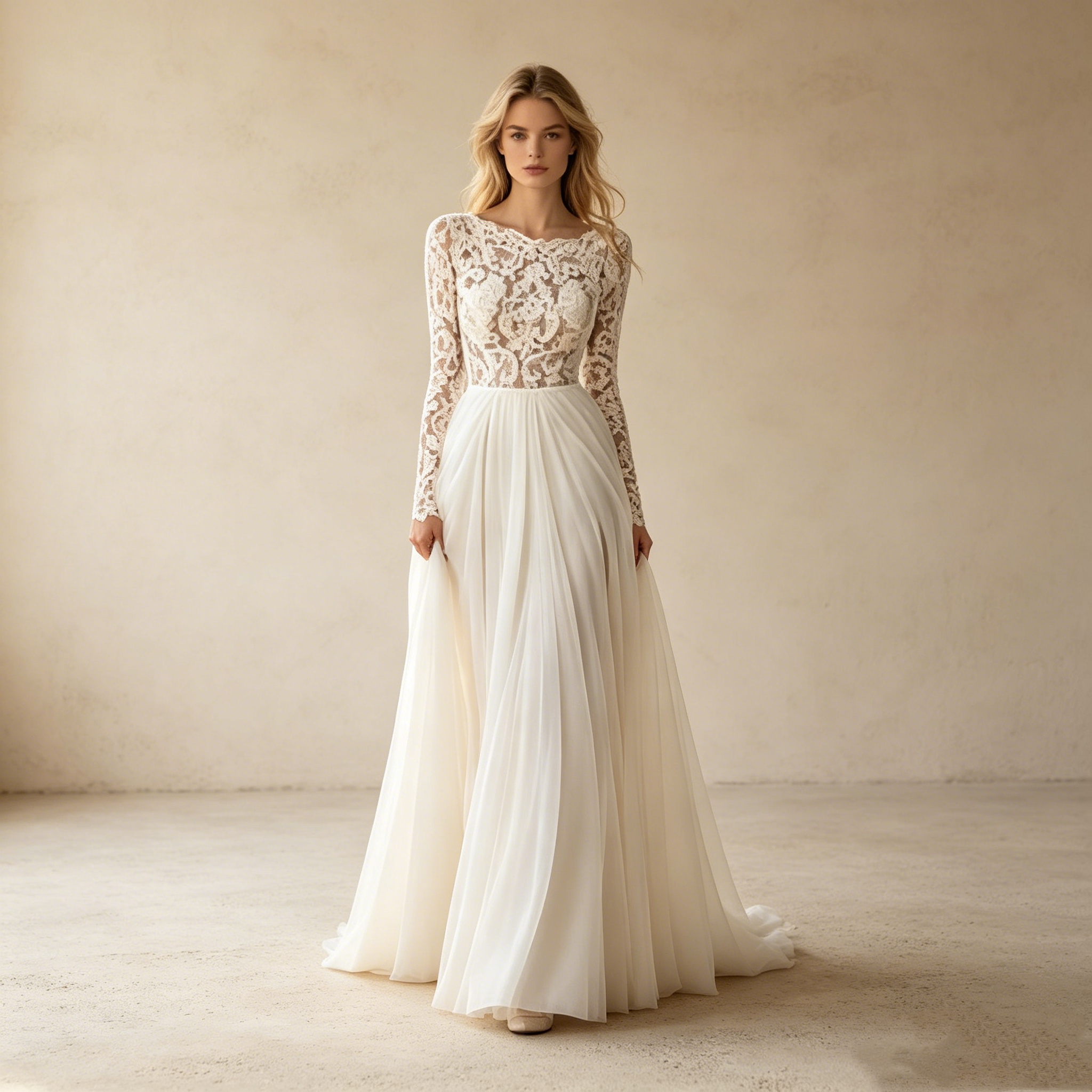 Elegantes High-Neck Abendkleid mit Spitze – Stilvolles Langarm Maxi-Festkleid in Weiß