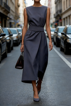 Damen Midikleid Dunkelgrau: Elegantes ärmelloses Sommerkleid mit Rundhals & Gürtel, Stilvolles A-Linien Freizeitkleid, Schlichtes Business-Outfit S-2XL