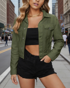 Damen Jeansjacke Olivgrün Kurz: Klassische Denim-Jacke im Slim Fit Design, Stylische kurze Übergangsjacke für Damen, Casual Streetwear, Ganzjährig XS-L