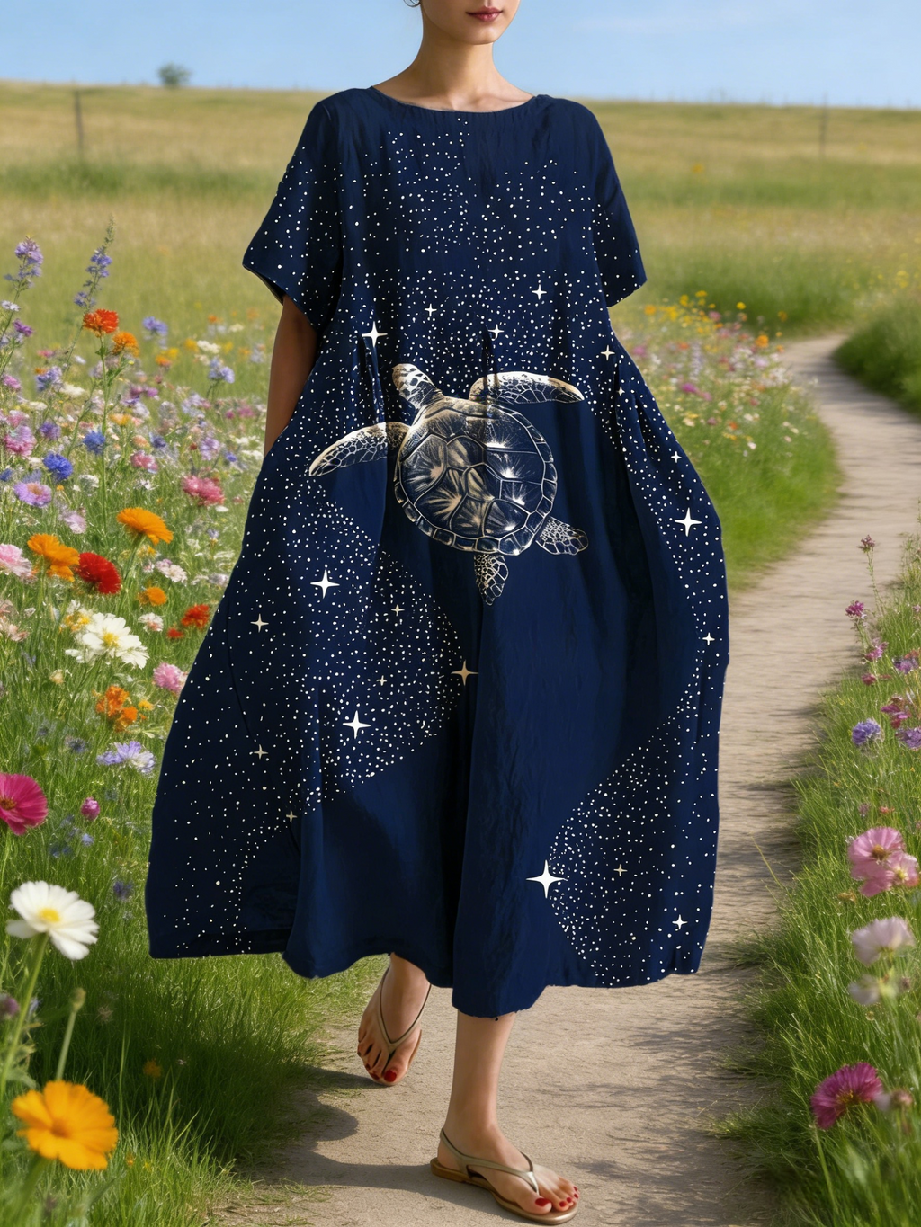 Damen Boho-Maxikleid im Japan-Stil Dunkelblau: Künstlerischer Schildkröte- & Sternenhimmel-Print, Rundhals & Lose Passform, Reine Baumwolle, Ganzjährig S-5XL