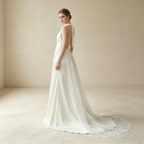 Halterneck Satin Abendkleid mit Spitze Elegant Maxi mit Schleppe Neckholder Ballkleid Ärmellos Bodenlang