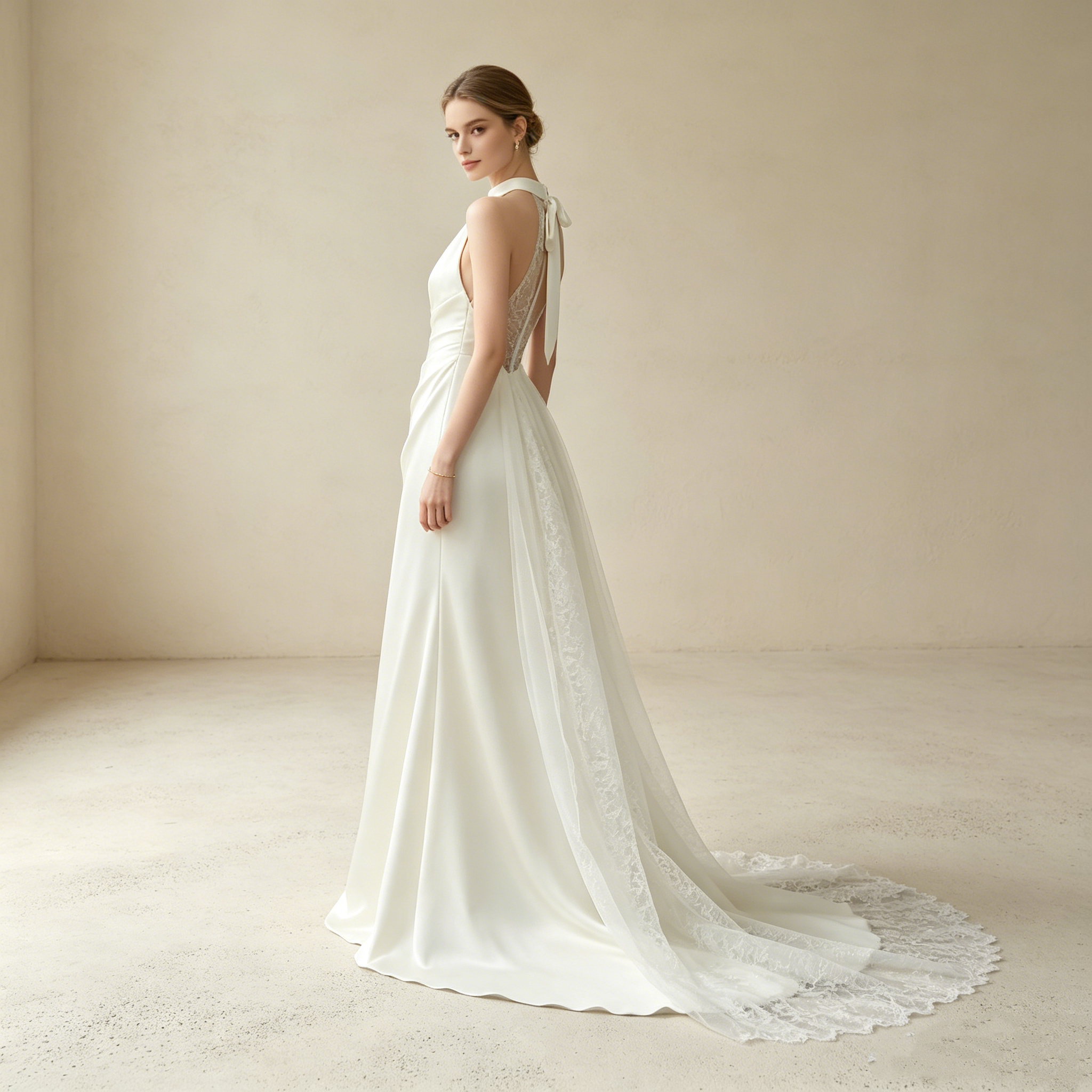 Halterneck Satin Abendkleid mit Spitze Elegant Maxi mit Schleppe Neckholder Ballkleid Ärmellos Bodenlang