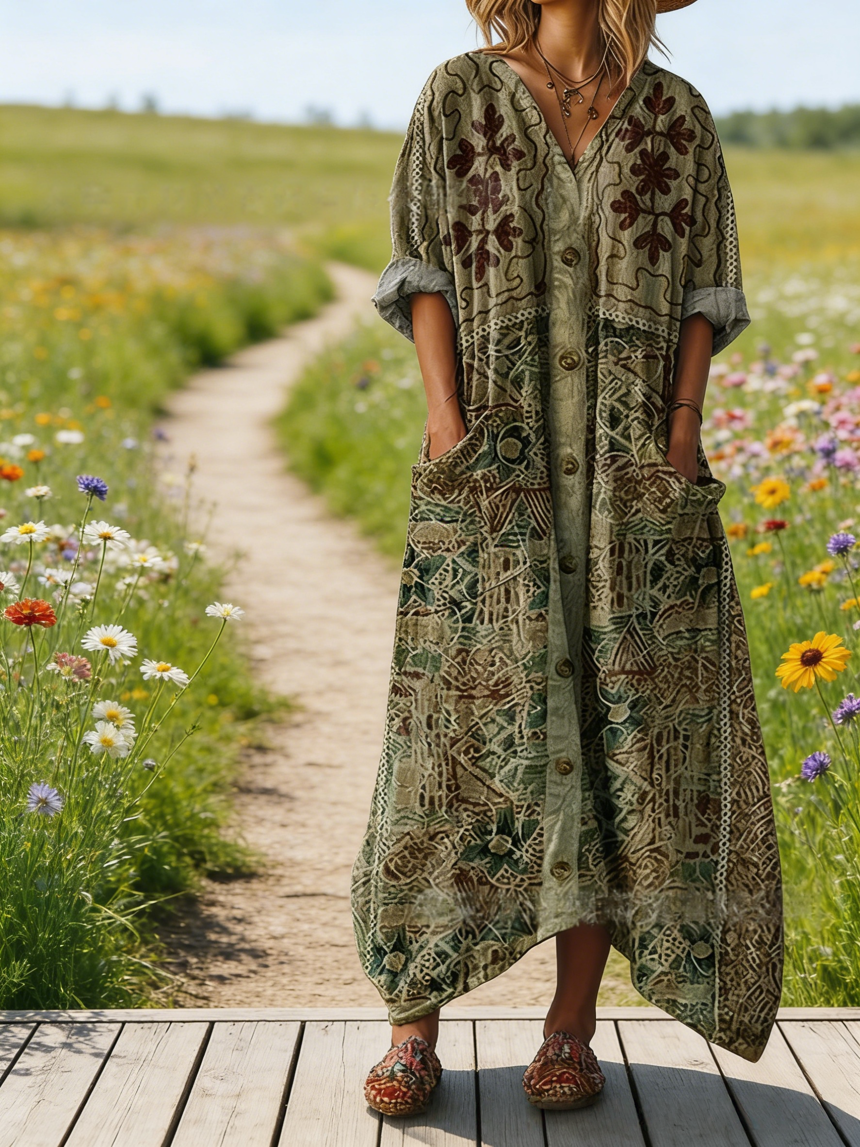 Damen Boho-Maxikleid im Vintage-Stil Olivgrün: Retro-Blumenprint & Grafik-Art, V-Ausschnitt mit Knöpfen, Praktische Taschen, Ganzjährig S-5XL