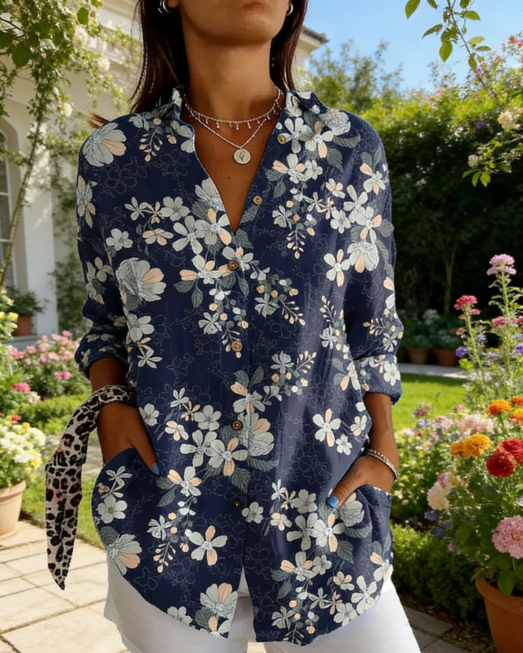 Boho Bluse Damen Dunkelblau: Vintage Floral-Print, Reverskragen, Loose Fit, S-5XL,Ganzjährig