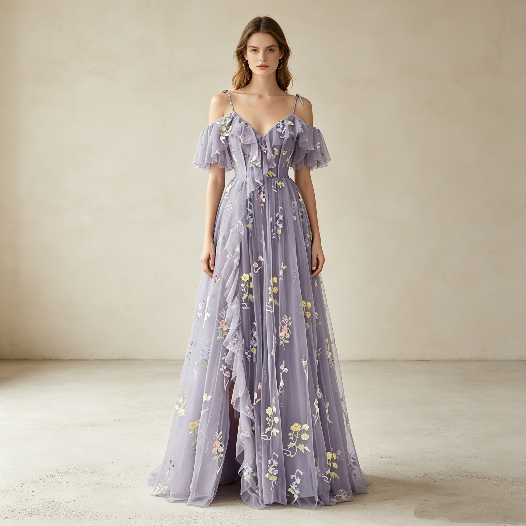 Elegantes Off-Shoulder Abendkleid lang mit Rüschen | Florales Festkleid Tüll