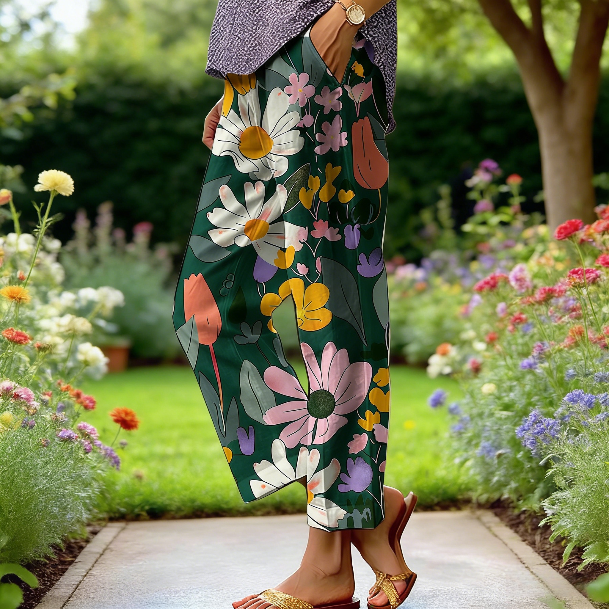 Boho Damen Weite Hose Dunkelgrün: Luftige Culotte mit Retro-Blumenprint, Bequeme Baumwoll-Mix Freizeithose für Frühling & Sommer, Vintage Forest Style S-3XL