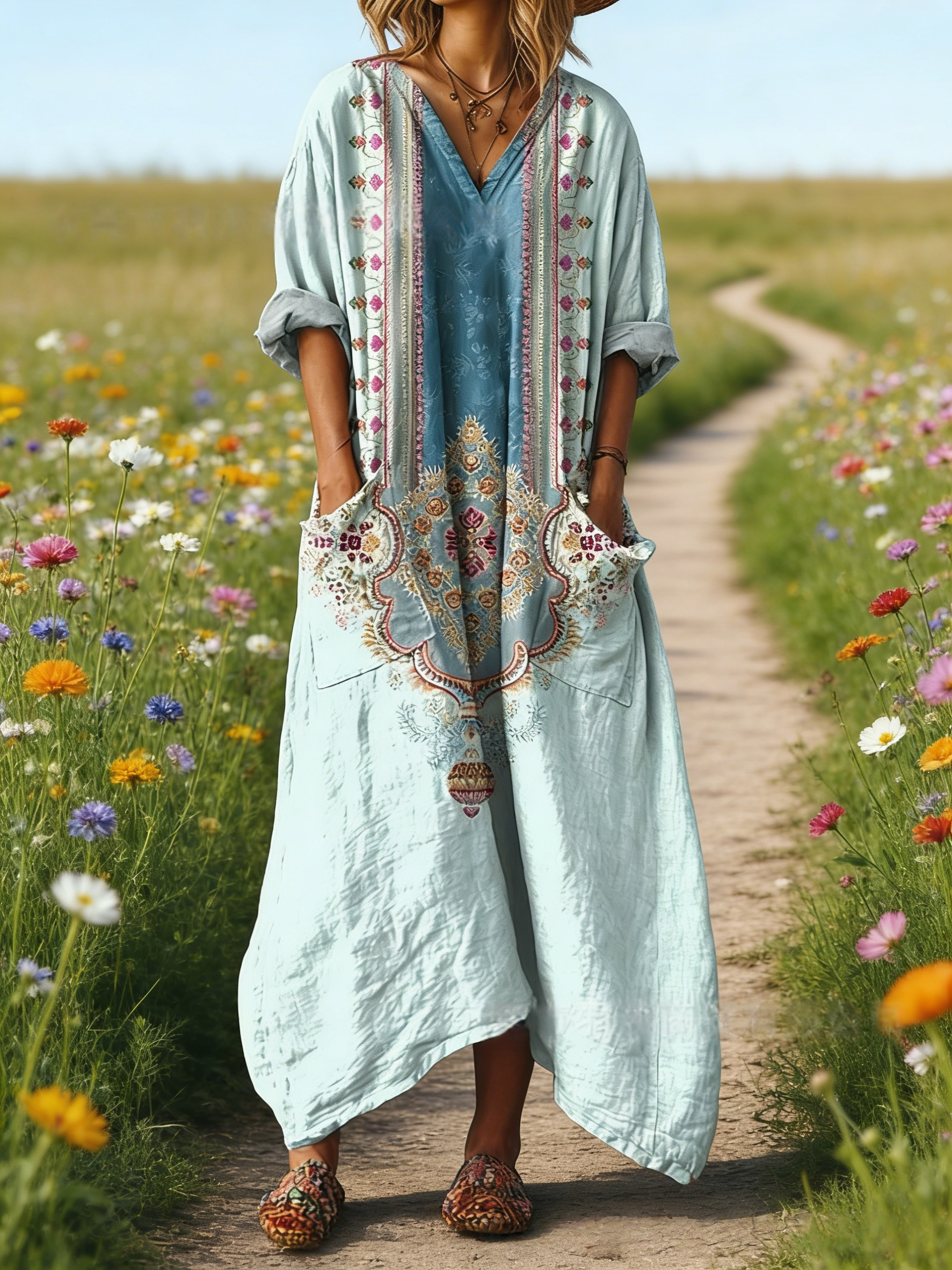 Damen Boho-Maxikleid im Vintage-Stil Hellblau: Retro-Blumenprint & Grafik-Art, V-Ausschnitt & Praktische Taschen, Bequeme Passform, Ganzjährig S-5XL