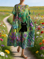 Damen Boho-Maxikleid im Japan-Stil Smaragdgrün: Künstlerischer Garten-Print mit Schwarzer Katze, Rundhals & Lose Passform, Reine Baumwolle, Ganzjährig S-5XL