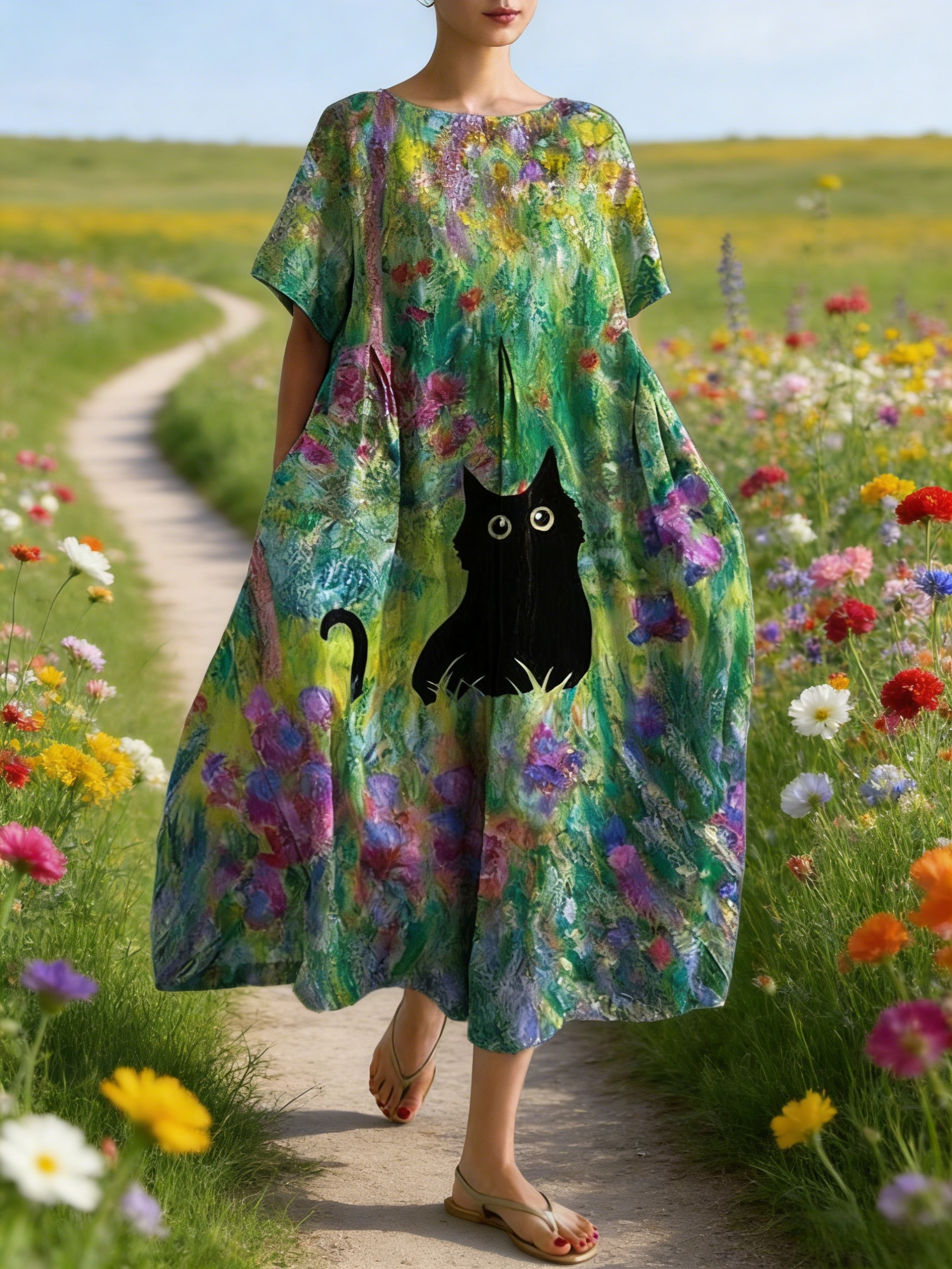 Damen Boho-Maxikleid im Japan-Stil Smaragdgrün: Künstlerischer Garten-Print mit Schwarzer Katze, Rundhals & Lose Passform, Reine Baumwolle, Ganzjährig S-5XL