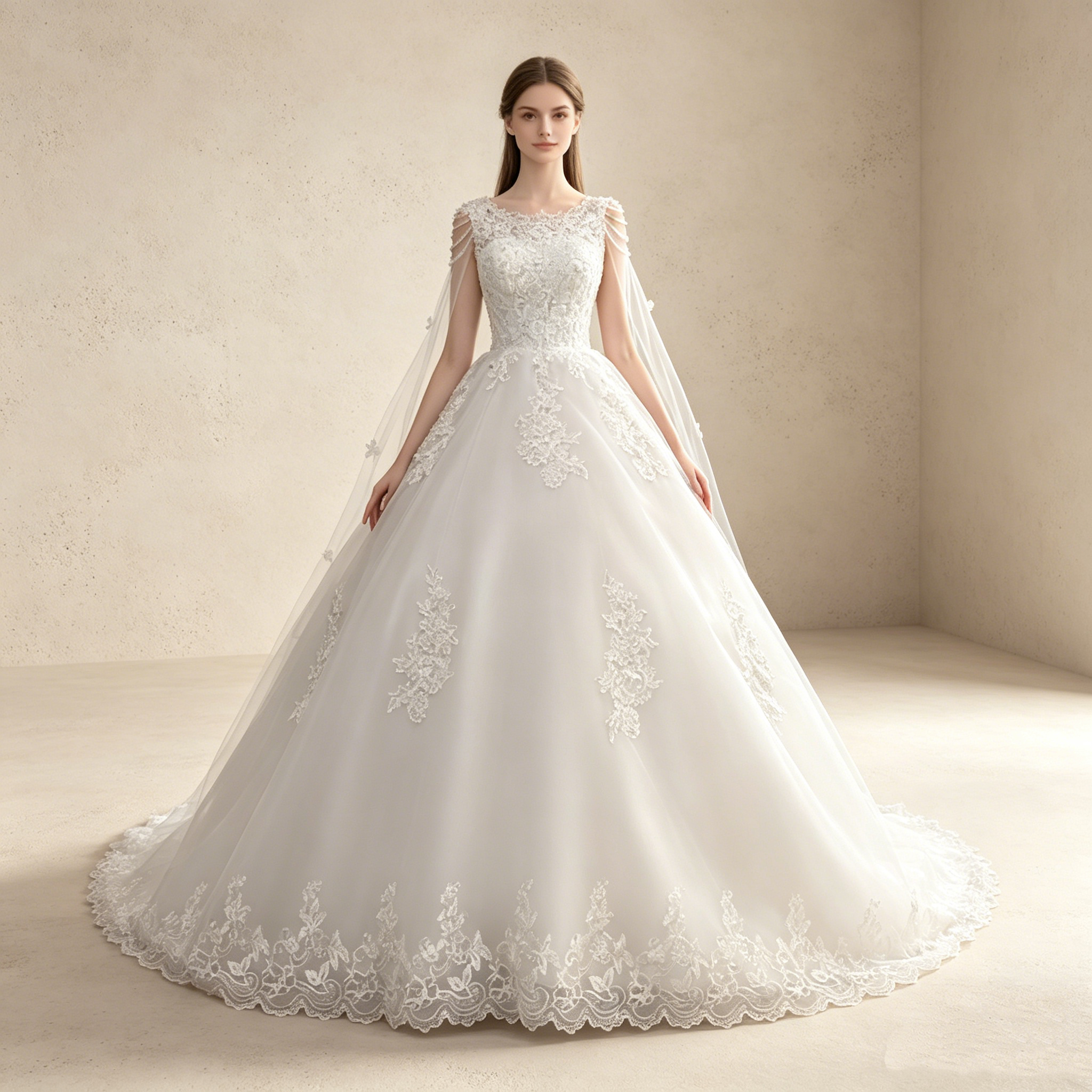 Elegantes Ballkleid in Weiß mit Cape-Schleier | Prinzessinnen Abendkleid A-Linie mit Feiner Spitze, Perlen-Dekor und Schleppe