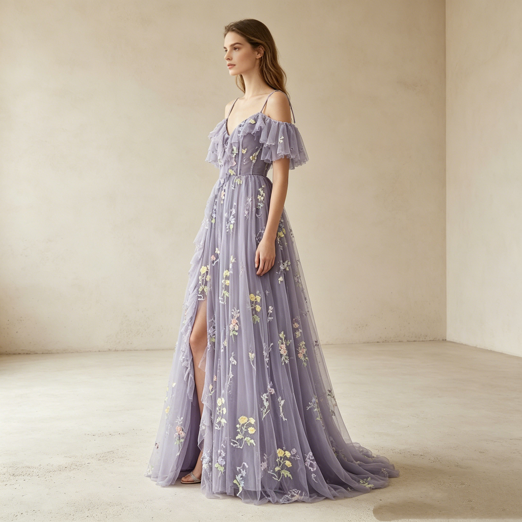 Elegantes Off-Shoulder Abendkleid lang mit Rüschen | Florales Festkleid Tüll