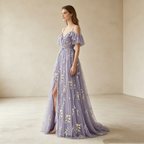 Elegantes Off-Shoulder Abendkleid lang mit Rüschen | Florales Festkleid Tüll