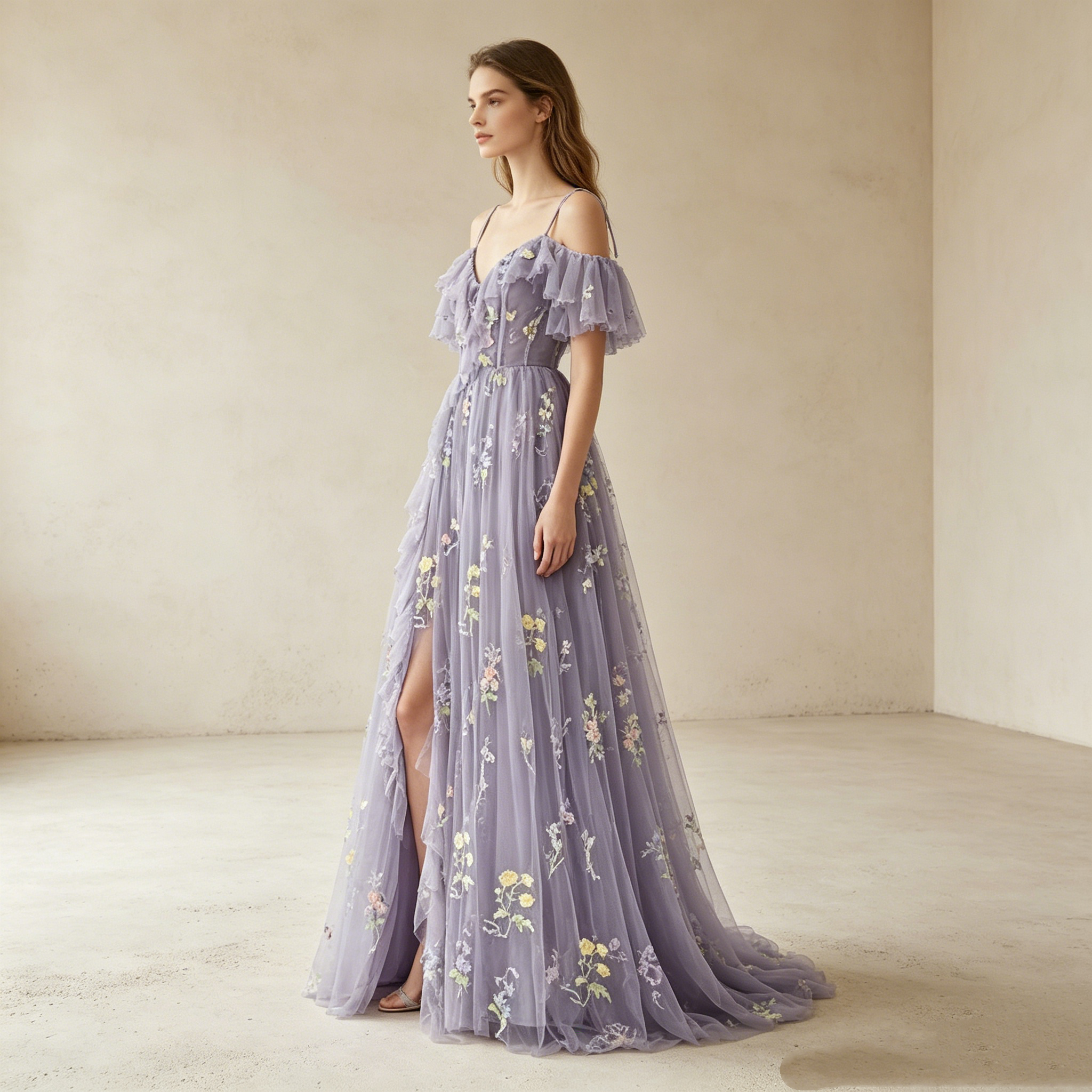Elegantes Off-Shoulder Abendkleid lang mit Rüschen | Florales Festkleid Tüll