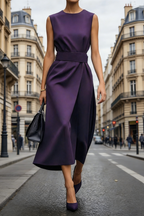 Damen Midikleid Dunkellila: Elegantes ärmelloses Sommerkleid mit Rundhals & Gürtel, Stilvolles A-Linien Freizeitkleid, Schlichtes Business-Outfit S-2XL