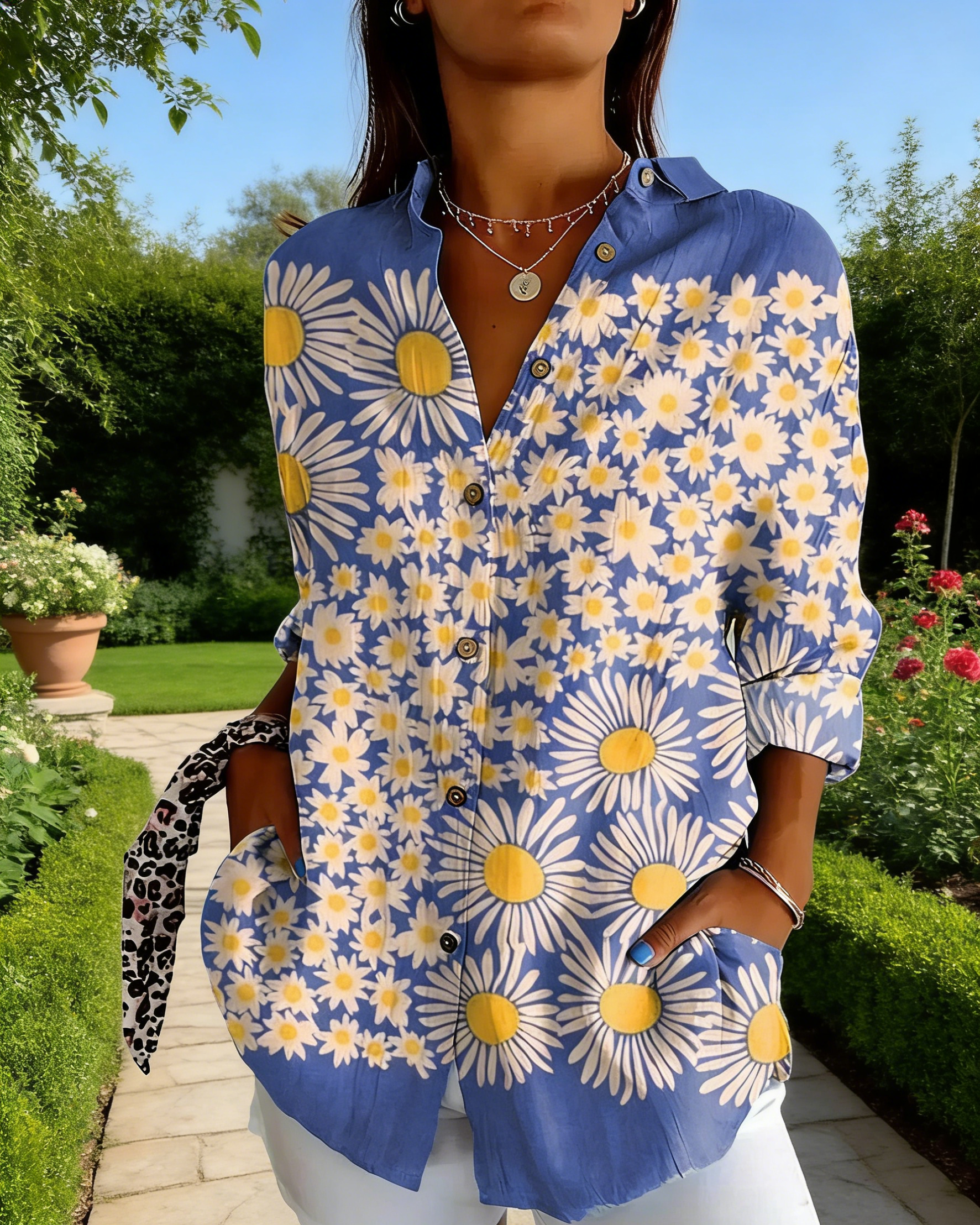 Boho Bluse Damen Blau: Vintage Gänseblümchen-Print, Reverskragen, Loose Fit,S-5XL, Ganzjährig