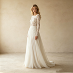 Elegantes High-Neck Abendkleid mit Spitze – Stilvolles Langarm Maxi-Festkleid in Weiß