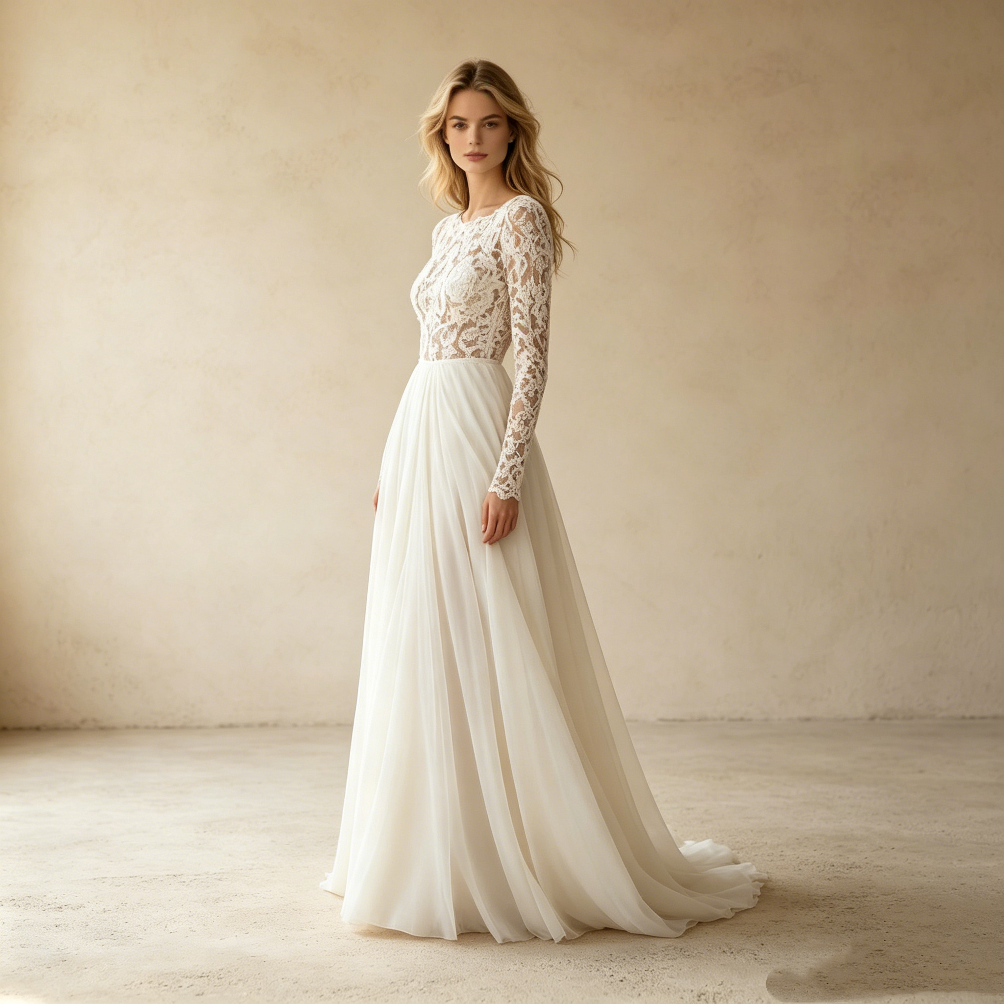 Elegantes High-Neck Abendkleid mit Spitze – Stilvolles Langarm Maxi-Festkleid in Weiß