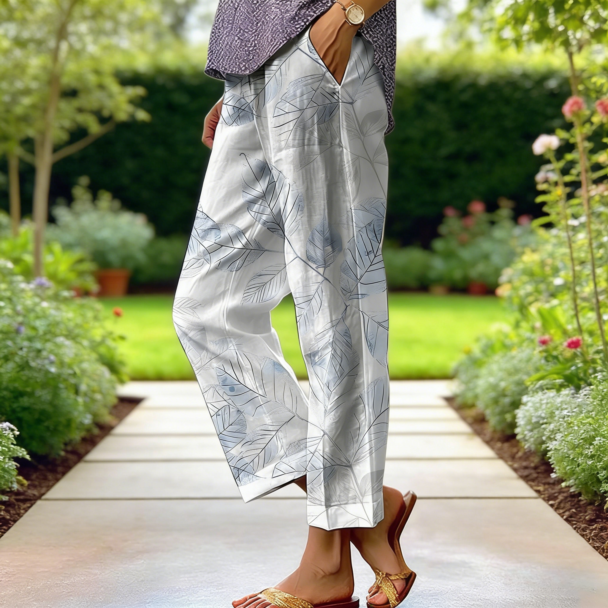 Boho Damen Weite Hose Weiß-Blau: Luftige Culotte mit Blatt-Print, Bequeme Baumwoll-Mix Freizeithose für Frühling & Sommer, Vintage Forest Style S-3XL