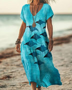 Boho Maxikleid Damen Blau: Manta-Print, V-Ausschnitt, S-3XL, Ganzjährig Tragbar