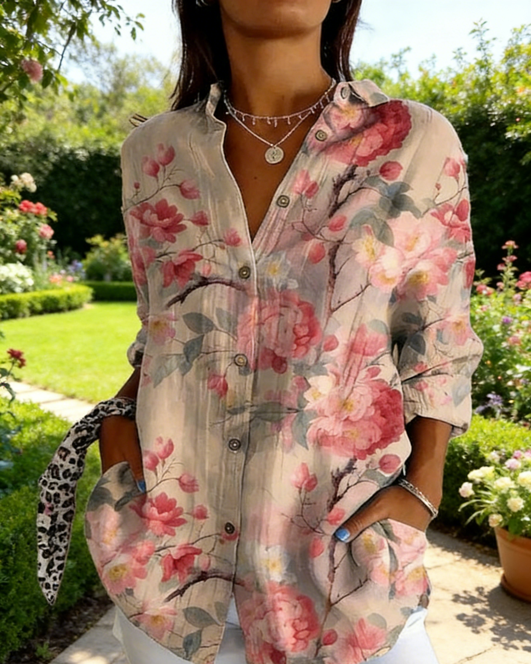 Boho Bluse Damen Beige-Rosa: Vintage Floral-Print, Reverskragen, Loose Fit,S-5XL, Ganzjährig