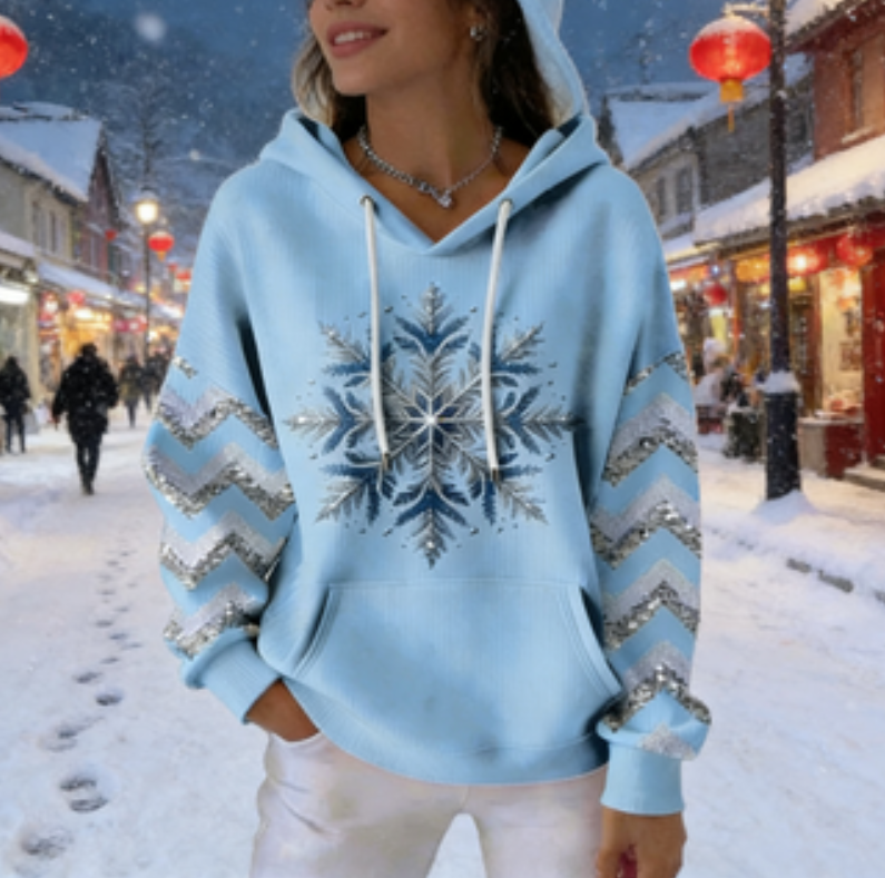 Produkttitel Damen Weihnachts-Schneeflocken-Print Freizeit Kapuzenpullover