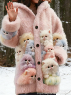 Damen Flanell Kapuzen Cardigan – Niedlicher Katzen Druck, bunte Farben weich Winter Size S-5XL