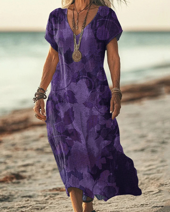 Boho Maxikleid Damen Vintage: Dunkellila Floral, V-Ausschnitt, S-3XL, Ganzjährig