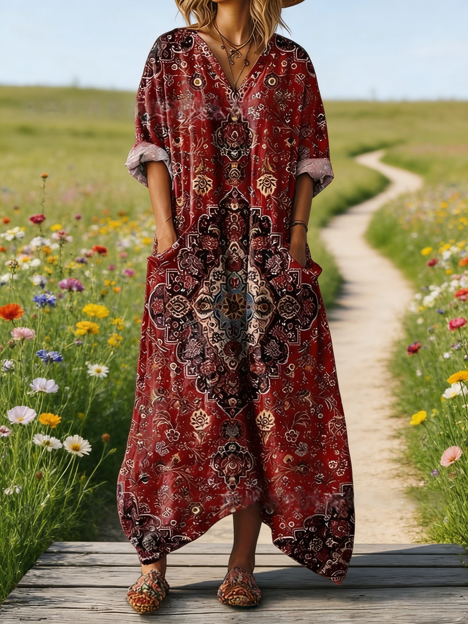 Damen Boho-Maxikleid im Vintage-Stil Dunkelrot: Retro-Blumenprint & Grafik-Art, V-Ausschnitt & Praktische Taschen, Bequeme Passform, Ganzjährig S-5XL