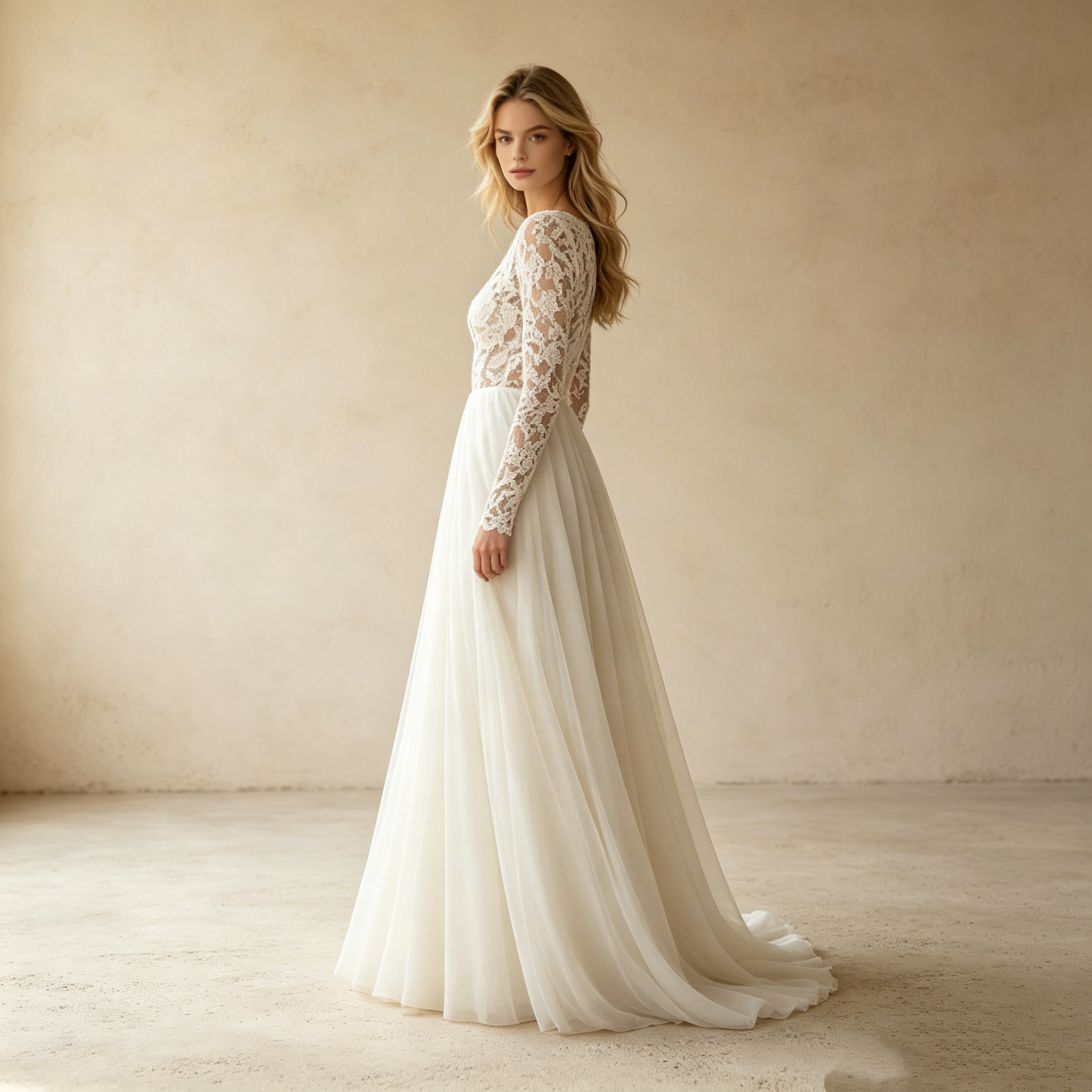 Elegantes High-Neck Abendkleid mit Spitze – Stilvolles Langarm Maxi-Festkleid in Weiß
