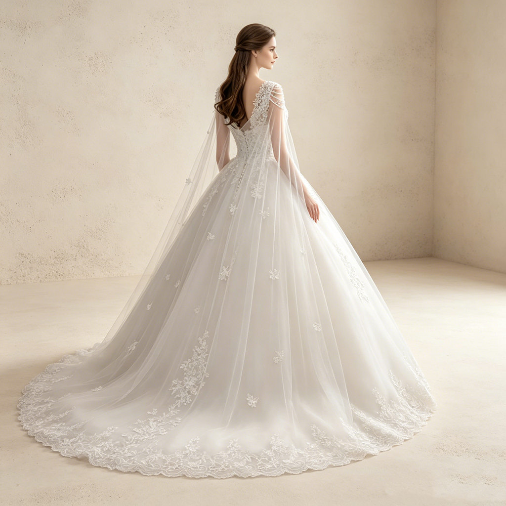 Elegantes Ballkleid in Weiß mit Cape-Schleier | Prinzessinnen Abendkleid A-Linie mit Feiner Spitze, Perlen-Dekor und Schleppe