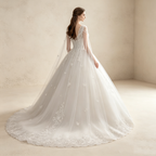 Elegantes Ballkleid in Weiß mit Cape-Schleier | Prinzessinnen Abendkleid A-Linie mit Feiner Spitze, Perlen-Dekor und Schleppe