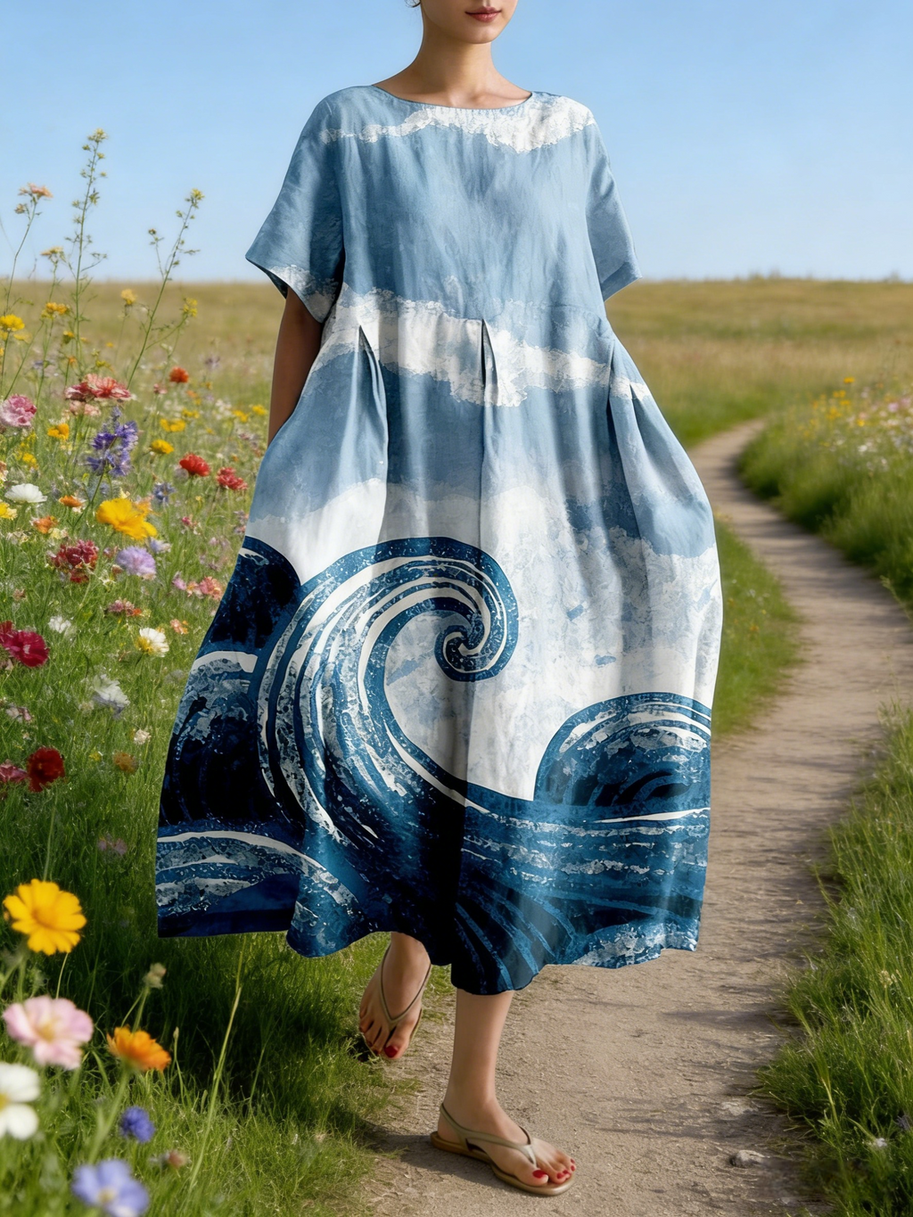 Damen Boho-Maxikleid im Japan-Stil Hellblau: Künstlerischer Wellen-Print, Rundhals & Lose Passform, Reine Baumwolle, Ganzjährig S-5XL