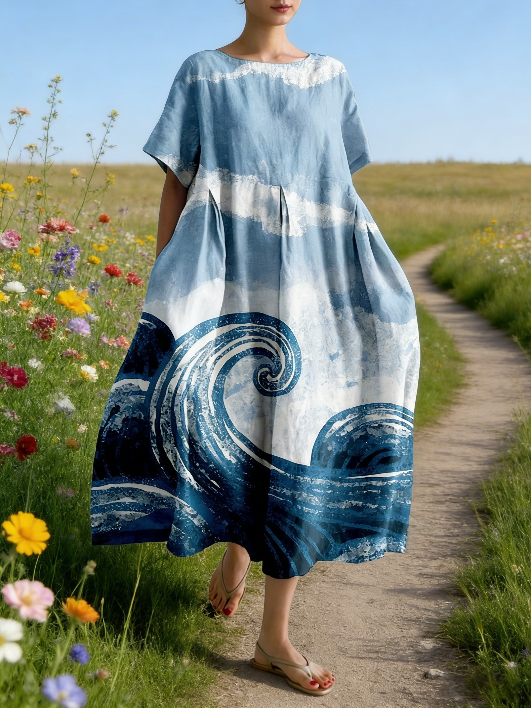 Damen Boho-Maxikleid im Japan-Stil Hellblau: Künstlerischer Wellen-Print, Rundhals & Lose Passform, Reine Baumwolle, Ganzjährig S-5XL
