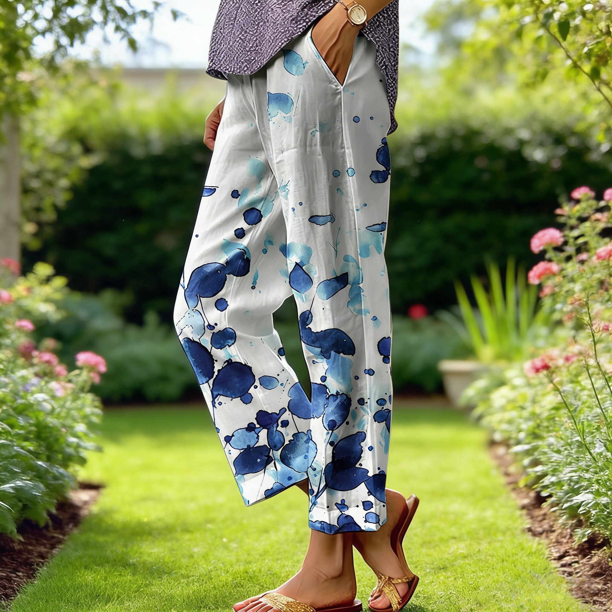 Boho Damen Weite Hose Weiß-Blau: Luftige Culotte mit Aquarell-Blumenprint, Bequeme Baumwoll-Mix Freizeithose für Frühling & Sommer, Vintage Forest Style S-3XL