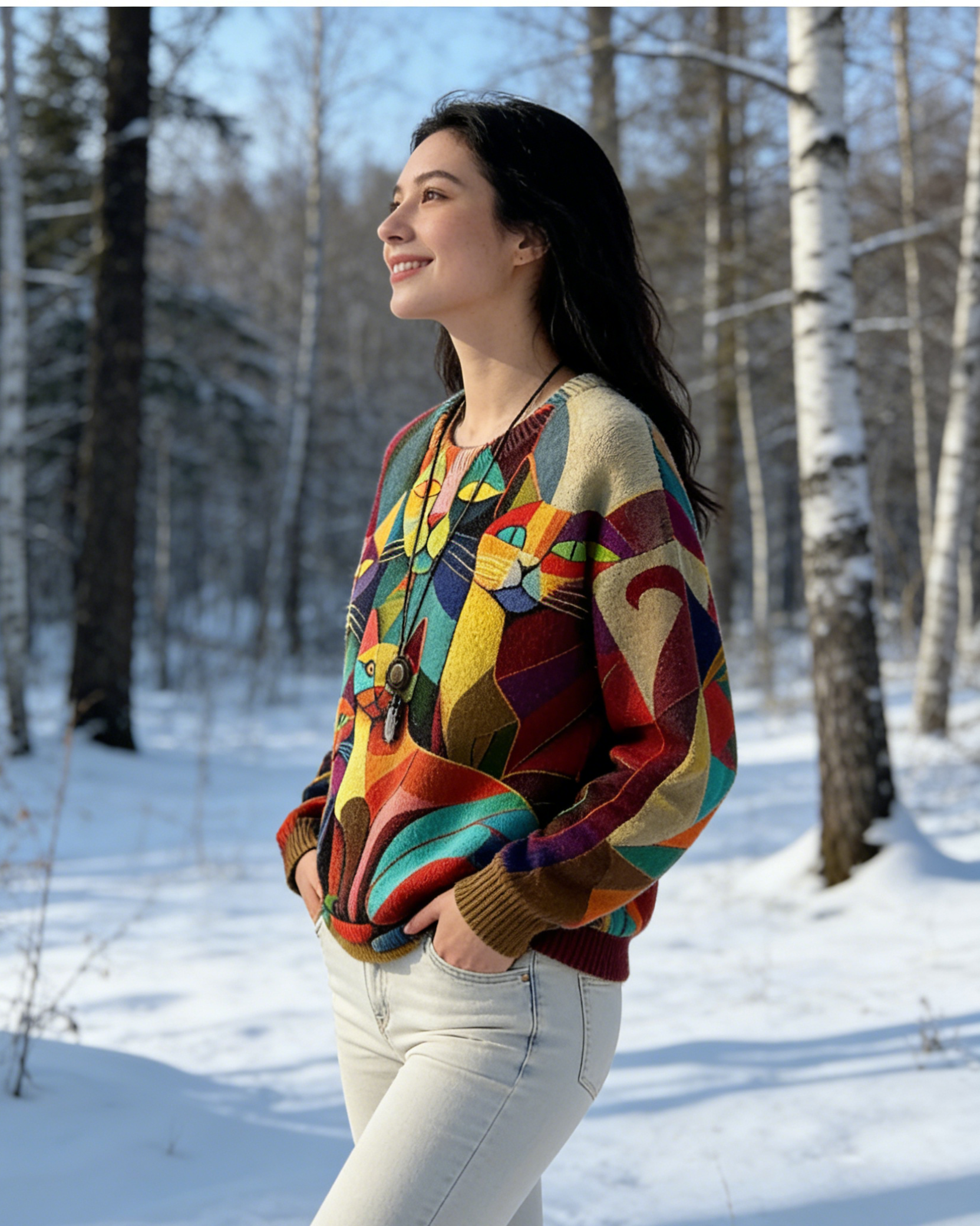 Abstrakter Damen Sweatshirts: Buntes Katzen-Motiv, 3D-Print & Moderne Kunst-Optik Größe S-5XL