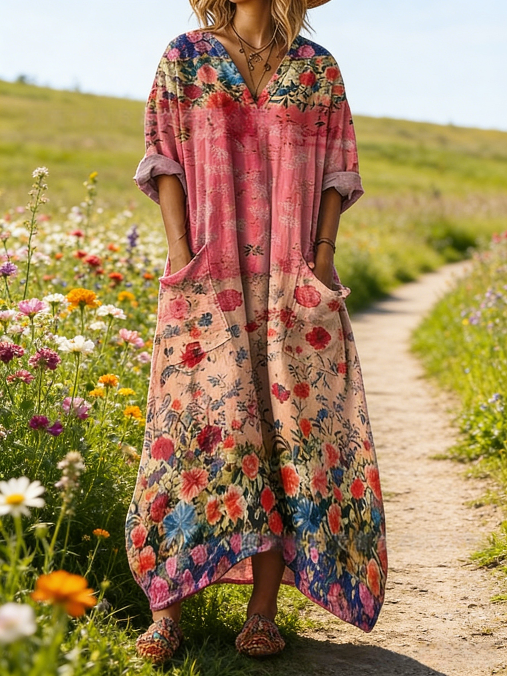 Damen Boho-Maxikleid im Vintage-Stil Pink: Retro-Blumenprint & Grafik-Art, V-Ausschnitt & Praktische Taschen, Bequeme Passform, Ganzjährig S-5XL