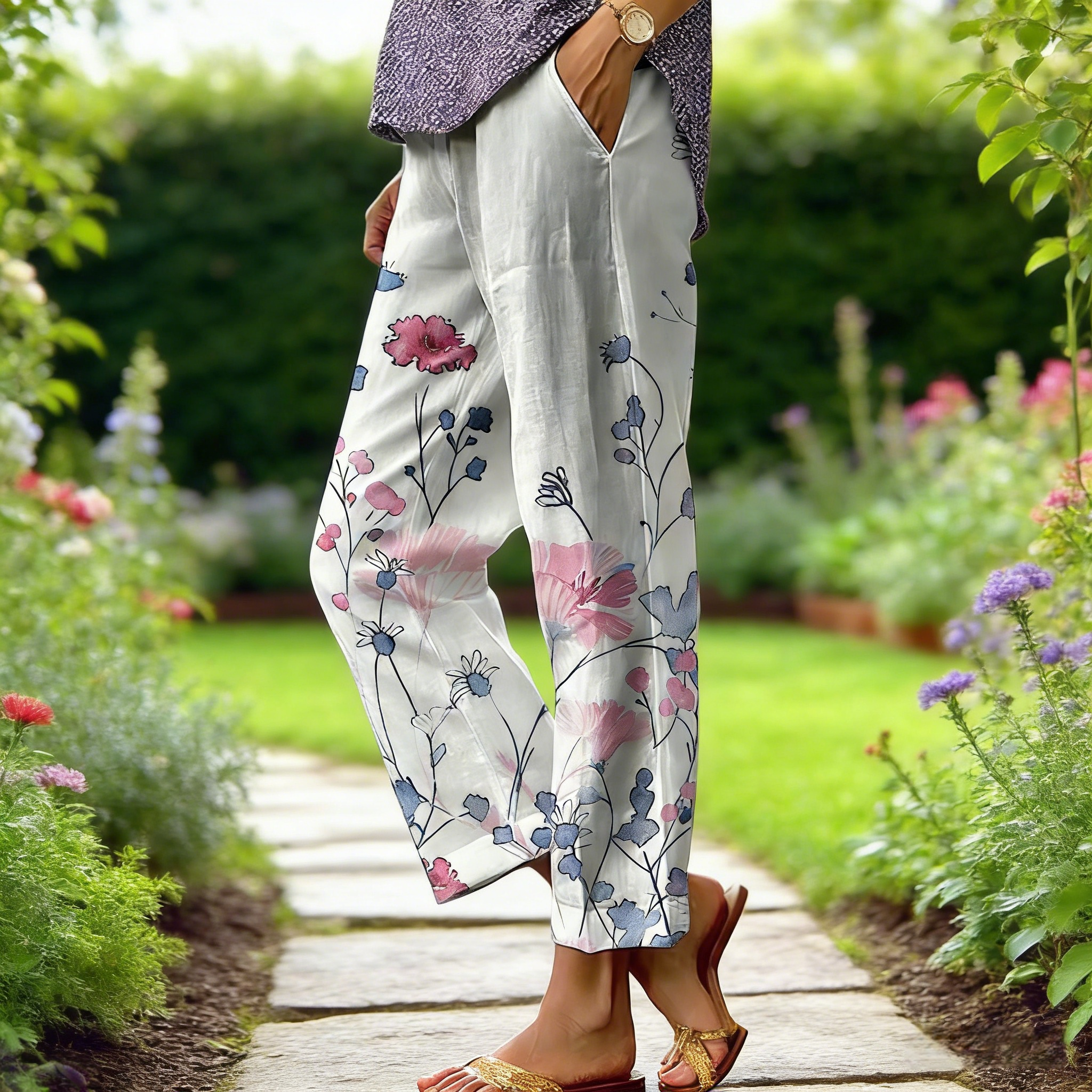 Boho Damen Weite Hose Cremeweiß: Luftige Culotte mit Floral-Print, Bequeme Baumwoll-Mix Freizeithose für Frühling & Sommer, Vintage Forest Style S-3XL